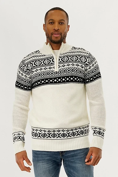 1/4 Zip Striped Pullover Sweater - White