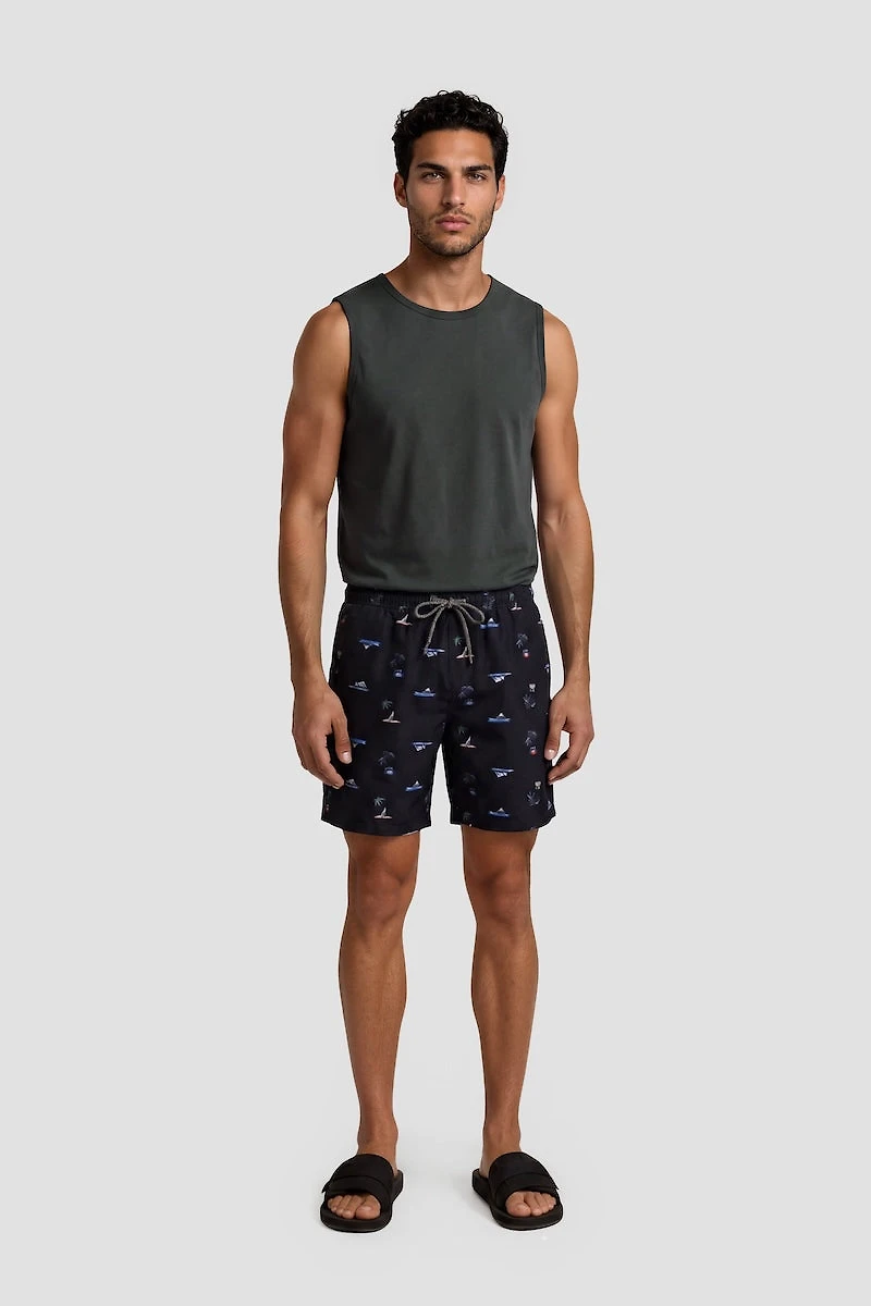 Beach Print Swim Shorts With Drawstrings - Navy