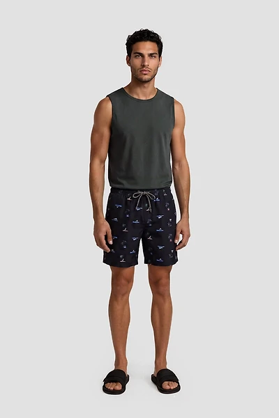 Beach Print Swim Shorts With Drawstrings - Navy