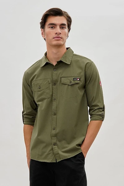 Canada Weather Gear Adventure Bound Utility Roll Up Sleeve Casual Shirt - Olive