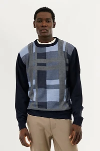 Patterned Crewneck Pullover Sweater - Navy