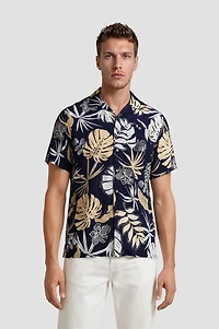 Button Up Leaf Print Shirt - Navy