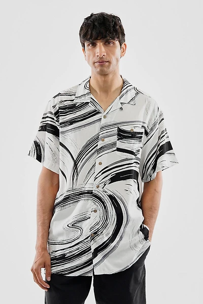 Super Triple Goose Vintage Abstract Print Button Up Casual Shirt