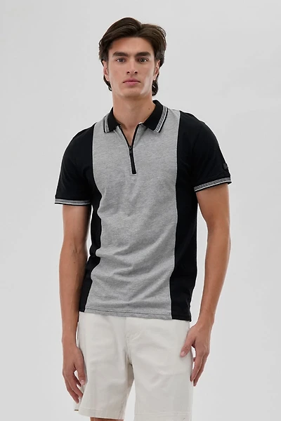 Vintage 1/4 Zip Colour Block Polo Shirt - Black