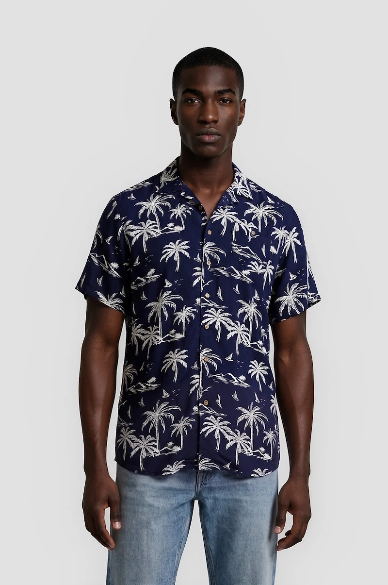 Button Up Palm Tree Shirt - Navy