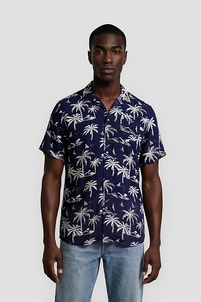 Button Up Palm Tree Shirt - Navy