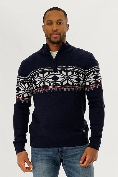 1/4 Zip Printed Pullover Sweater - Navy