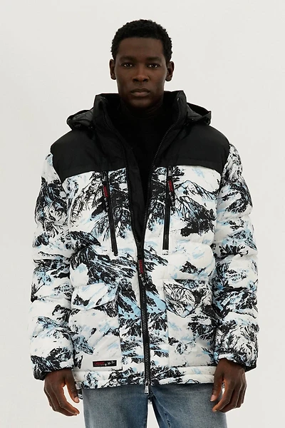 Canada Weather Gear Mountain Print Puffer Bomber Jacket - White