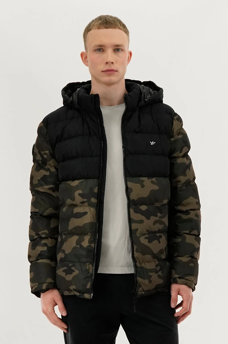 Super Triple Goose Camo Print Puffer Bomber Jacket - Olive
