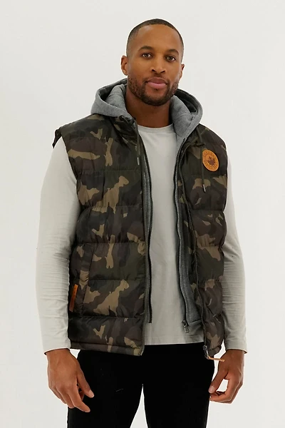 Canada Weather Gear Hooded Camo Print Puffer Vest - Olive