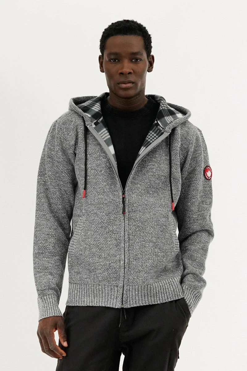 Plaid Lined Zip Up Knit Hoodie - Grey