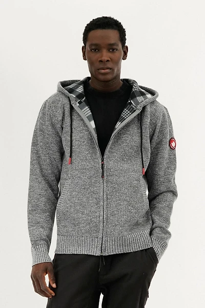 Plaid Lined Zip Up Knit Hoodie - Grey