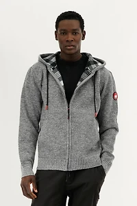 Plaid Lined Zip Up Knit Hoodie - Grey