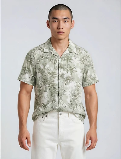 Printed Button Up Shirt - Olive