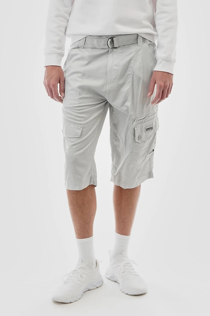 Grid Pattern Belted Cargo Shorts - Stone