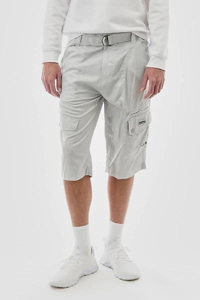 Grid Pattern Belted Cargo Shorts - Stone