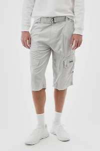 Grid Pattern Belted Cargo Shorts - Stone