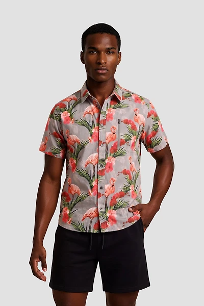 Flamingo Print Short Sleeve Button Up Casual Shirt - Multi