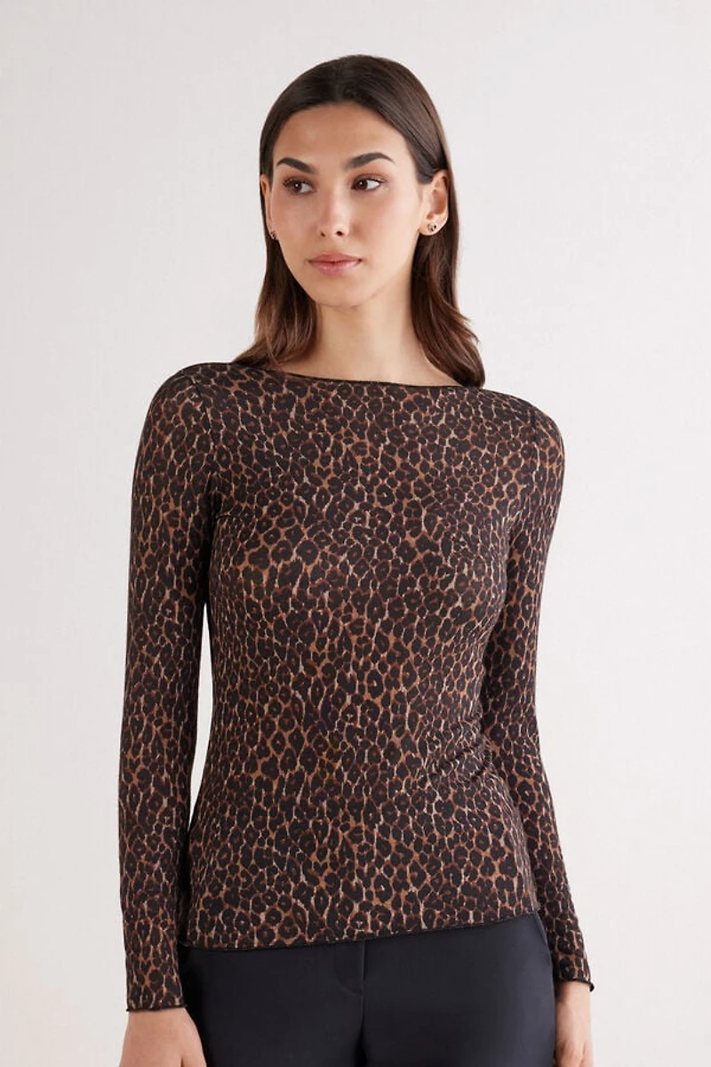 Leopard Print Long Sleeve Top Ultralight Modal with Cashmere