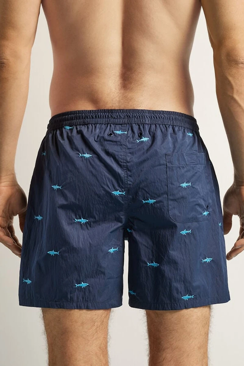 Embroidered Shark Swim Trunks
