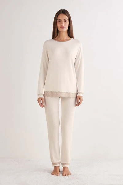 Lace Trim Full Length Pajamas Modal