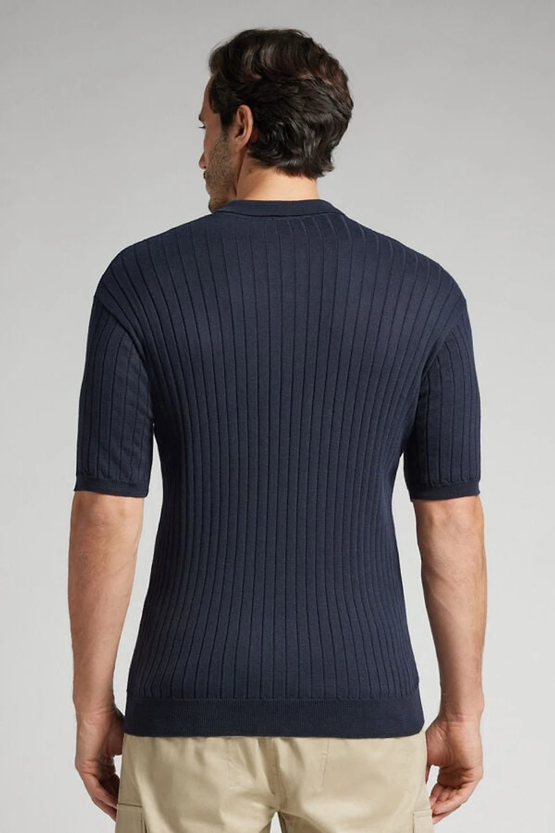 Ribbed Cotton Short Sleeve Knit Polo Shirt