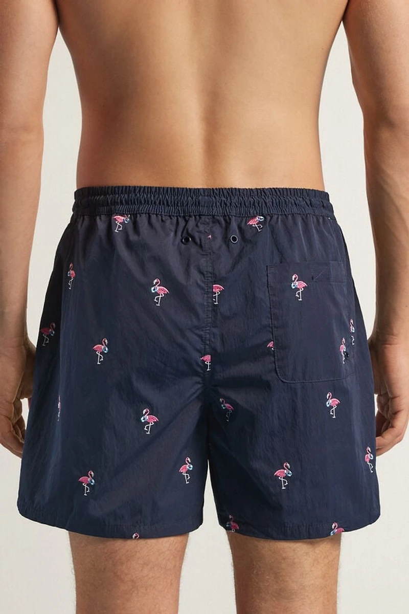 Embroidered Flamingo Swim Trunks