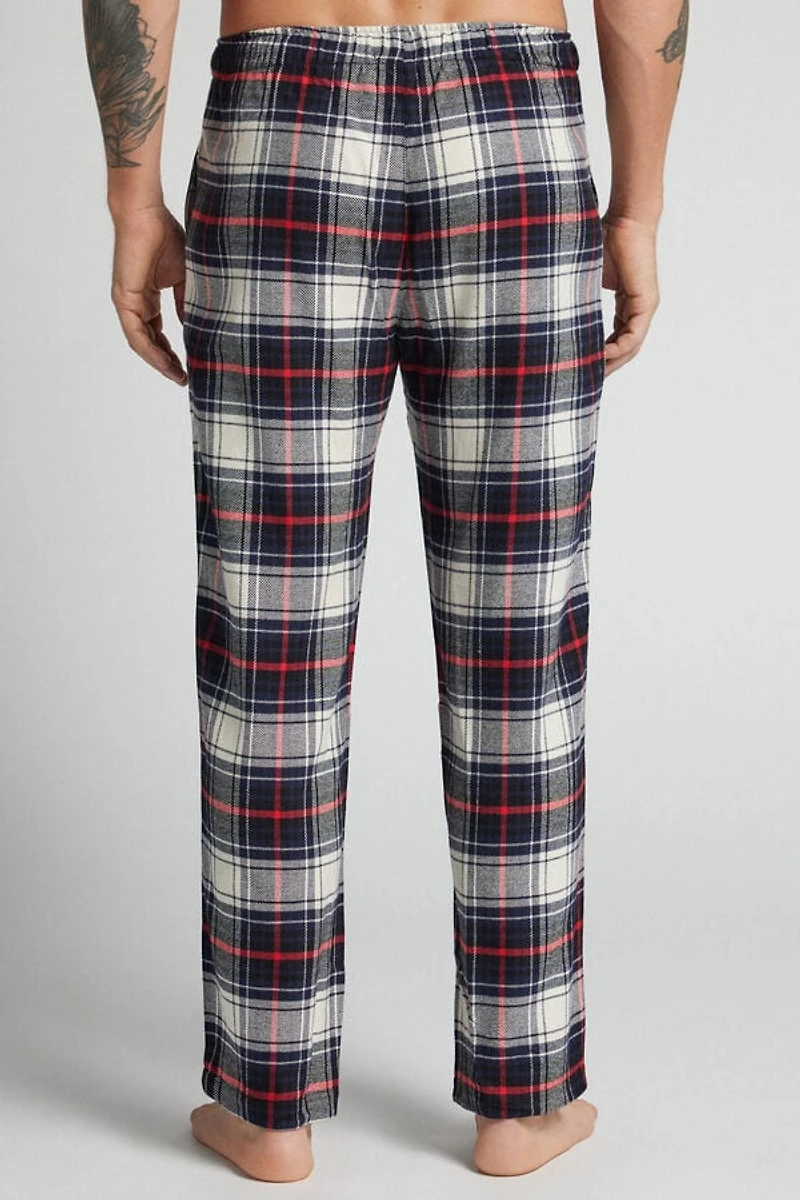 Brushed Check Print Cotton Full Length Pants