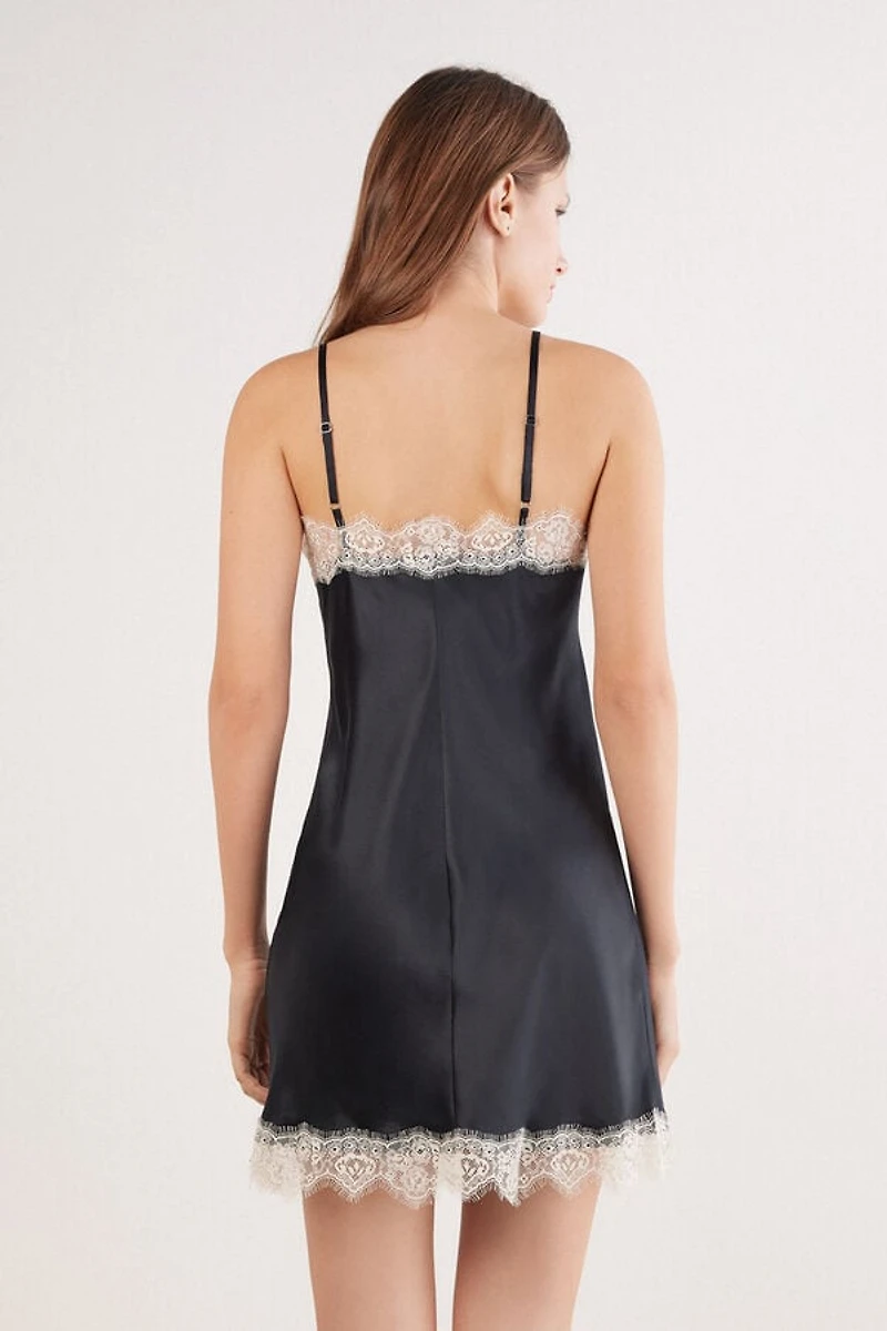 Contrast Lace Trim Silk Chemise