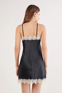 Contrast Lace Trim Silk Chemise