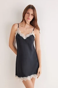 Contrast Lace Trim Silk Chemise