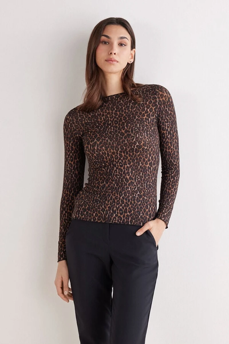Leopard Print Long Sleeve Top Ultralight Modal with Cashmere