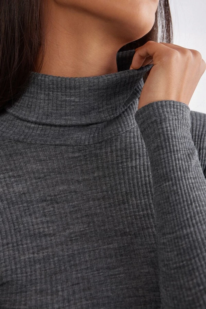 Long-sleeve High-Neck Tubular Top Wool and Silk