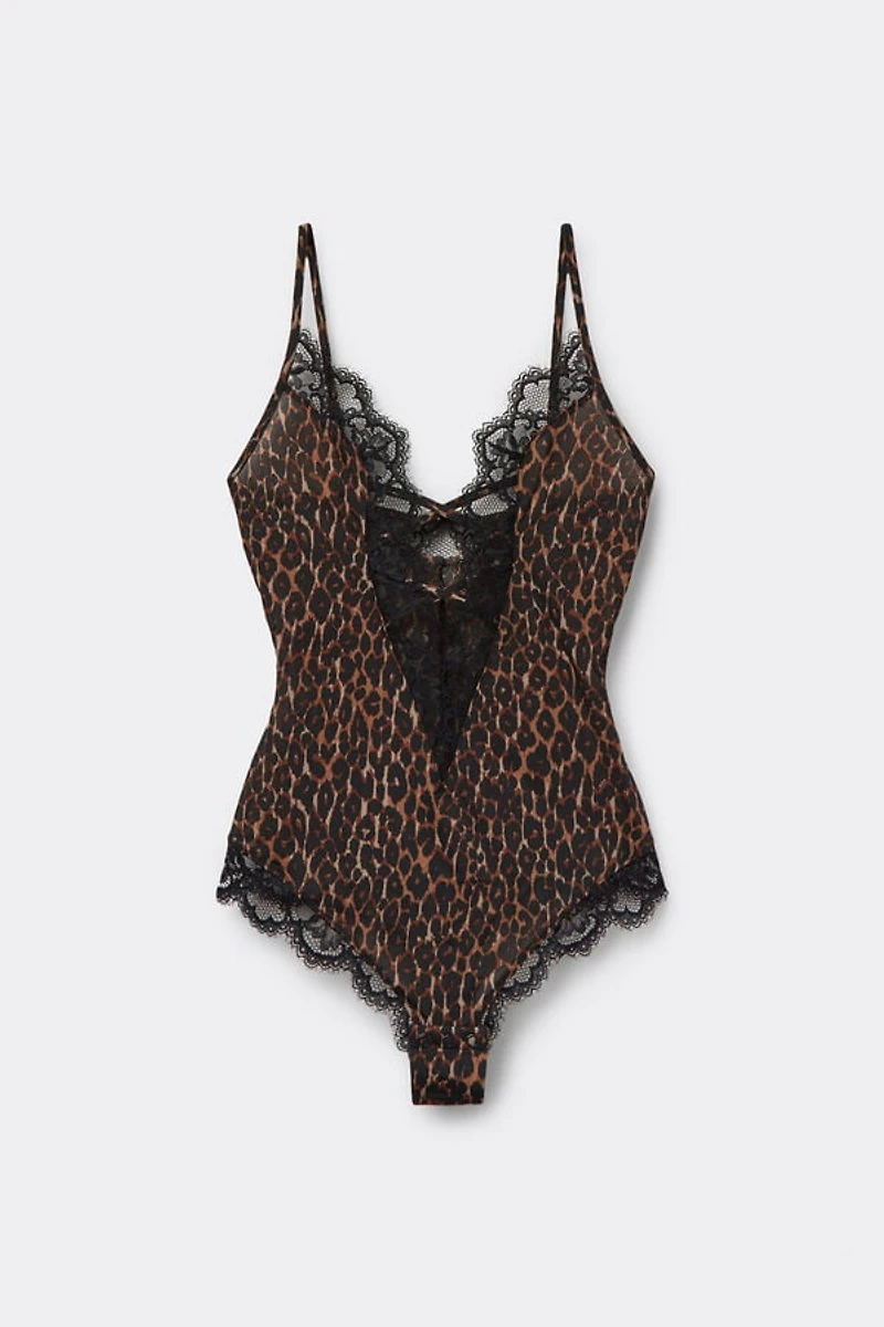 Sensual Attitude Animal Print Microfiber and Lace Bodysuit