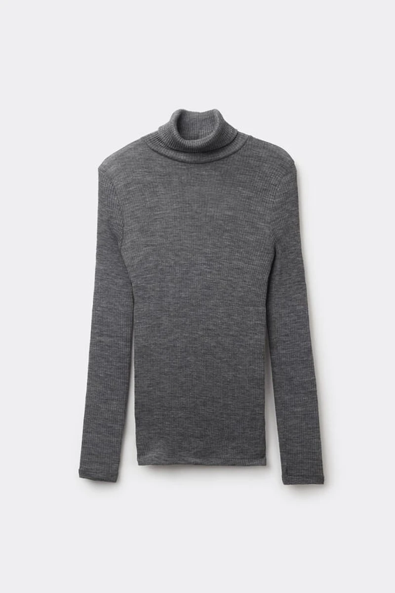 Long-sleeve High-Neck Tubular Top Wool and Silk