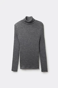 Long-sleeve High-Neck Tubular Top Wool and Silk