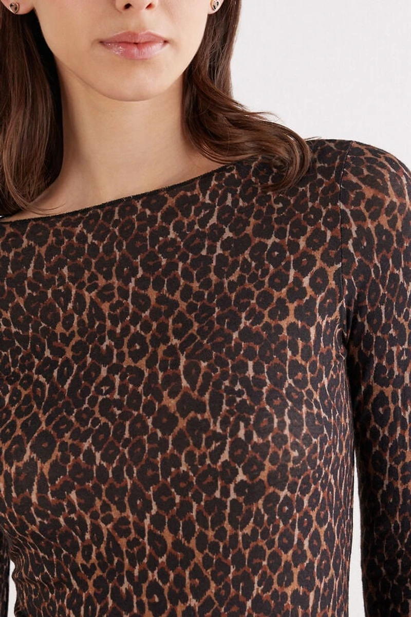 Leopard Print Long Sleeve Top Ultralight Modal with Cashmere