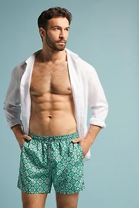 Aqua Green Majolica Print Swim Trunks