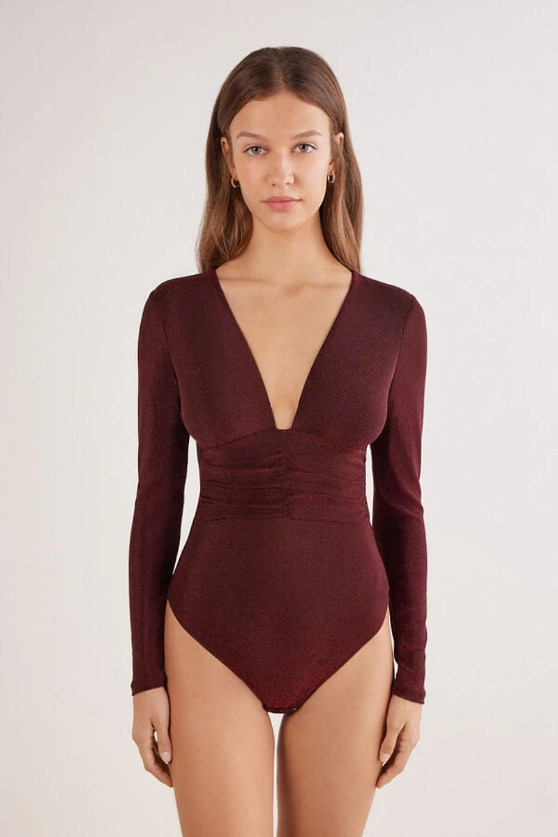 Shimmering Passion Long Sleeve Lamé Bodysuit