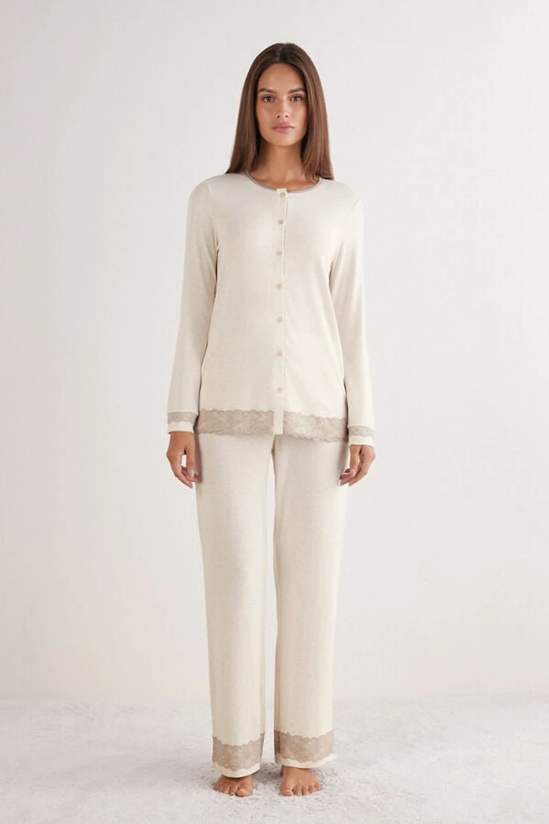 Lace Trim Button Up Full Length Pajamas Modal