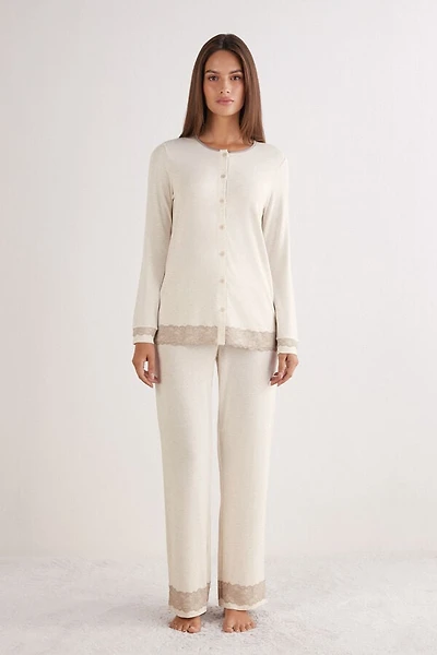 Lace Trim Button Up Full Length Pajamas Modal