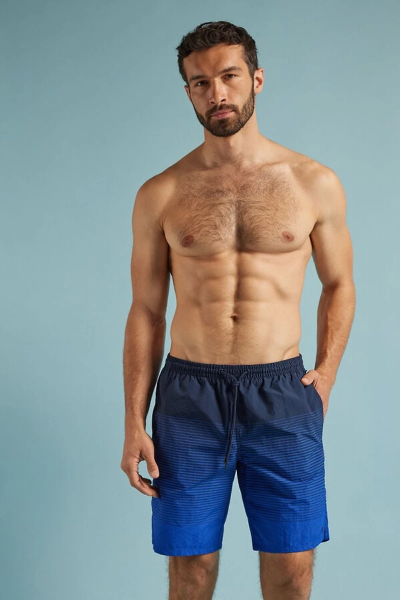 Stripe Print Long Swim Trunks