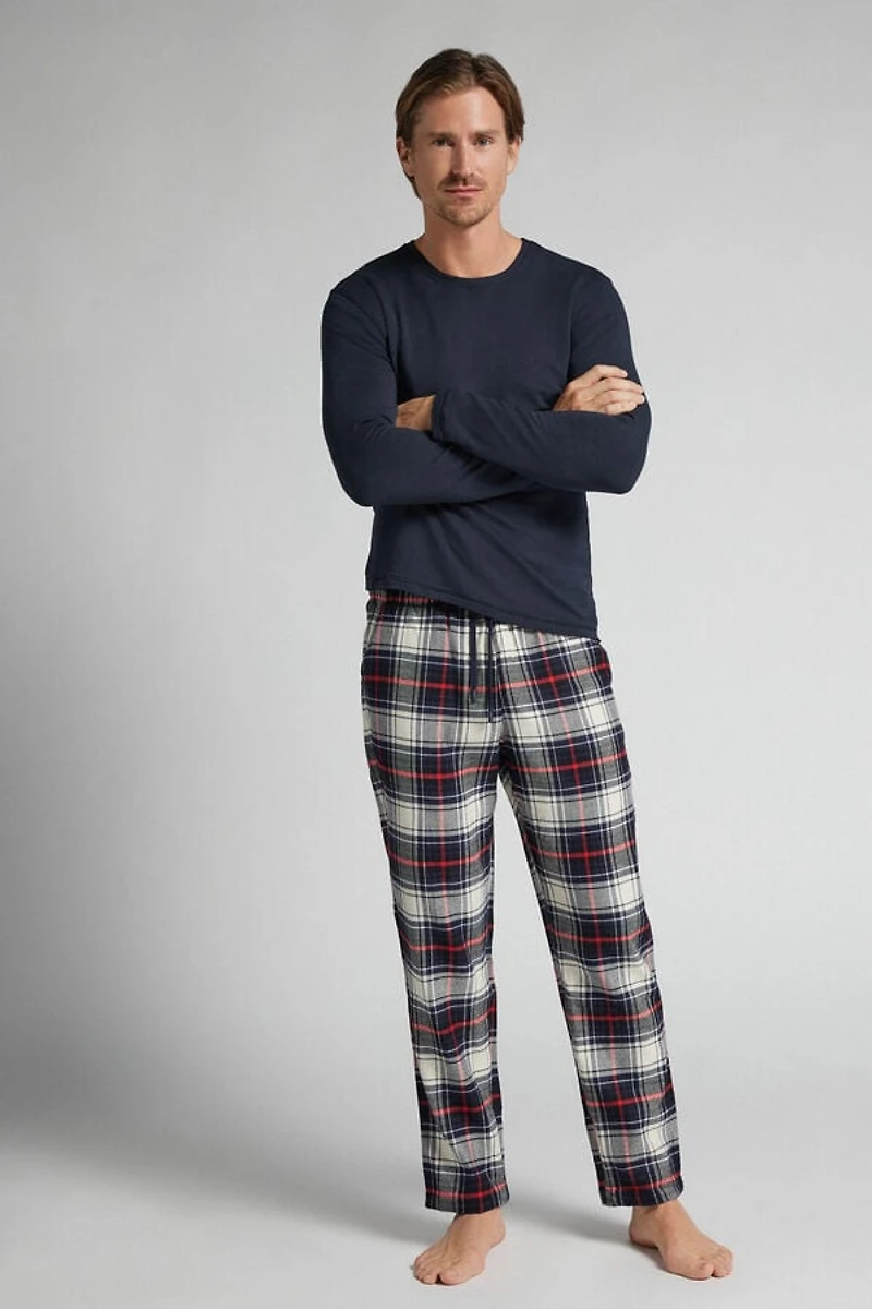 Brushed Check Print Cotton Full Length Pants
