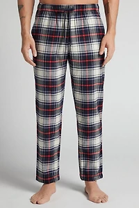 Brushed Check Print Cotton Full Length Pants