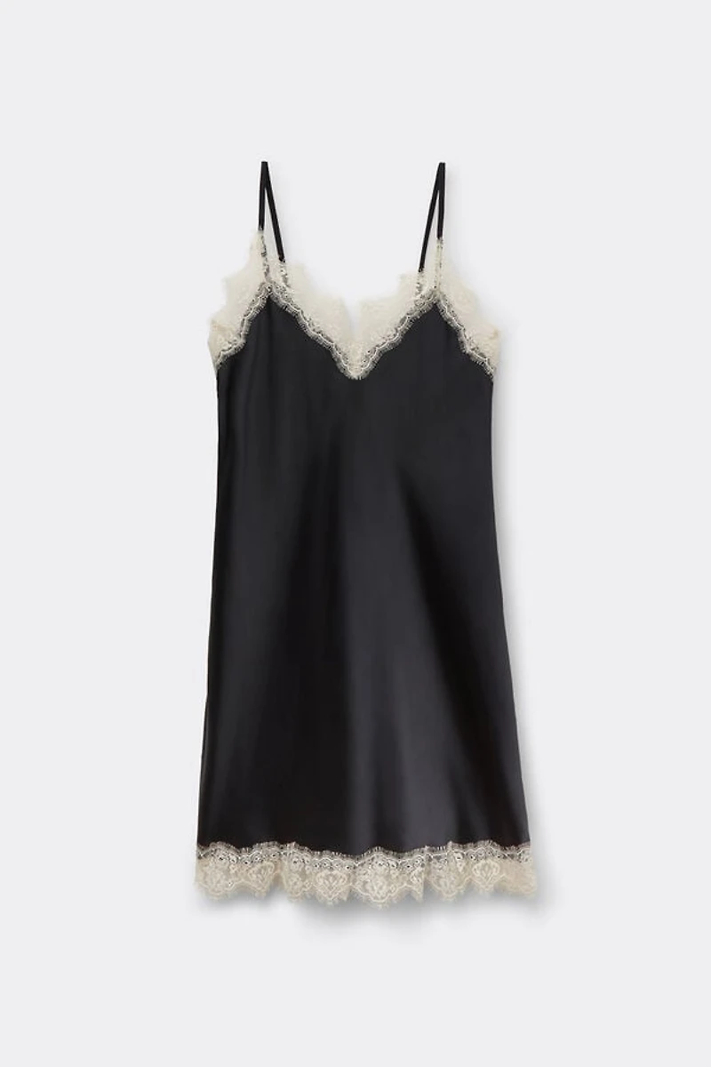 Contrast Lace Trim Silk Chemise