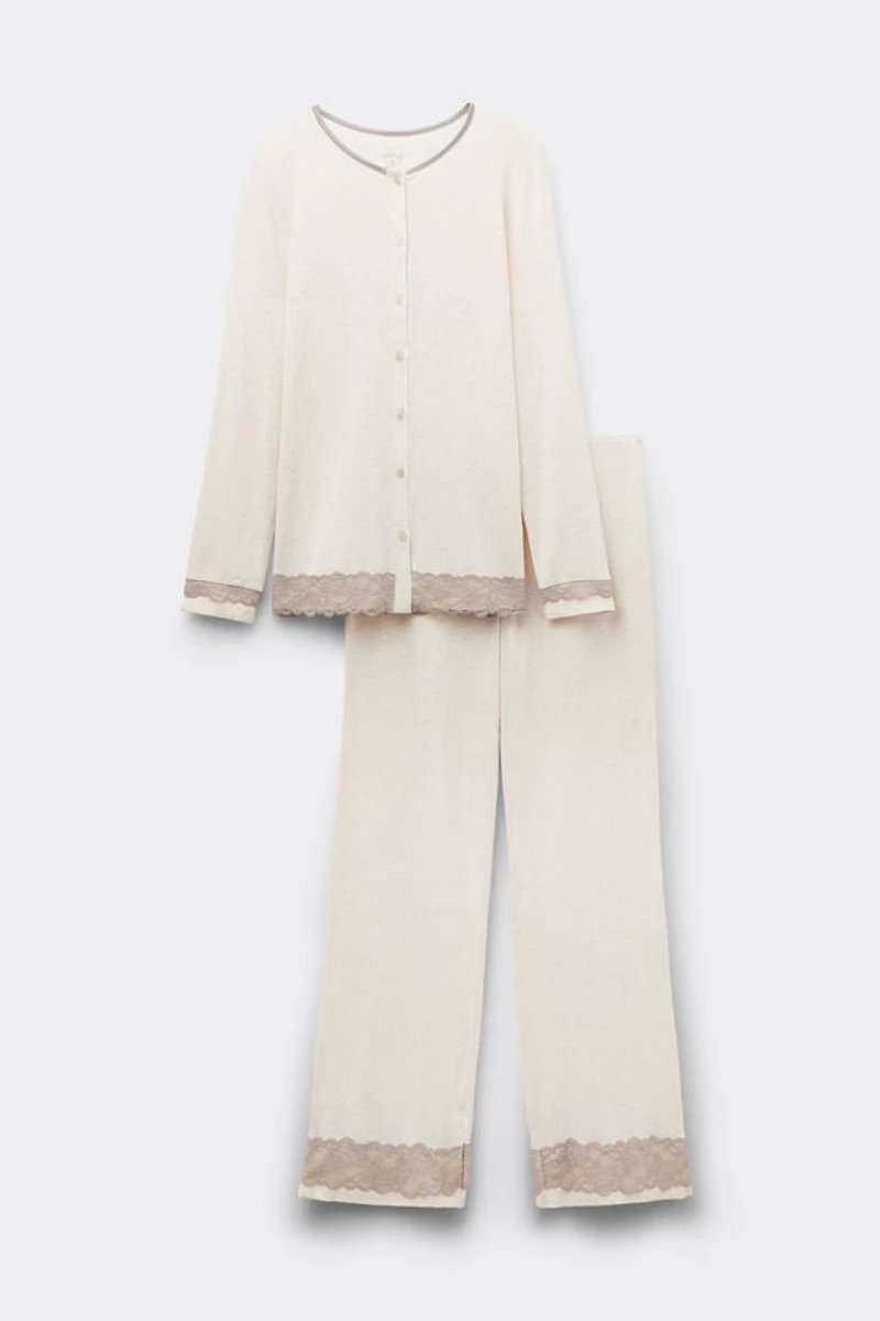 Lace Trim Button Up Full Length Pajamas Modal