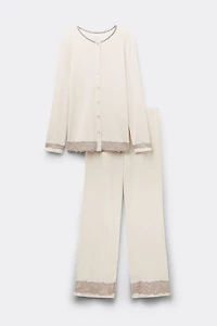 Lace Trim Button Up Full Length Pajamas Modal