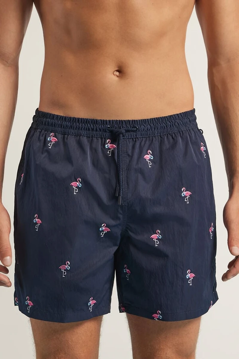 Embroidered Flamingo Swim Trunks