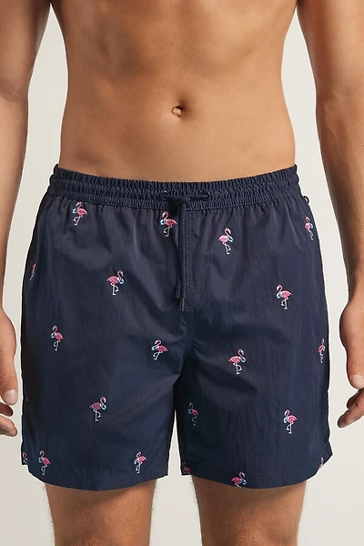 Embroidered Flamingo Swim Trunks