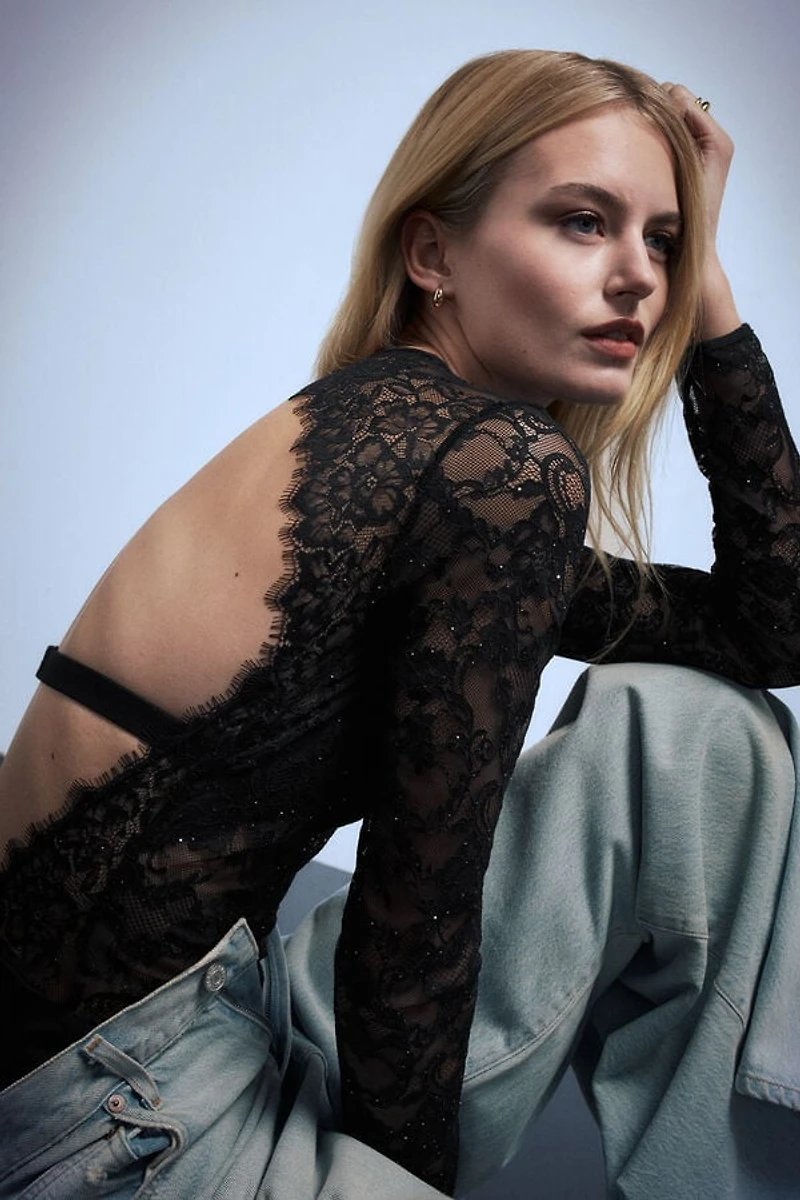 Glimmer of Pleasure Long Sleeve Lace Bodysuit